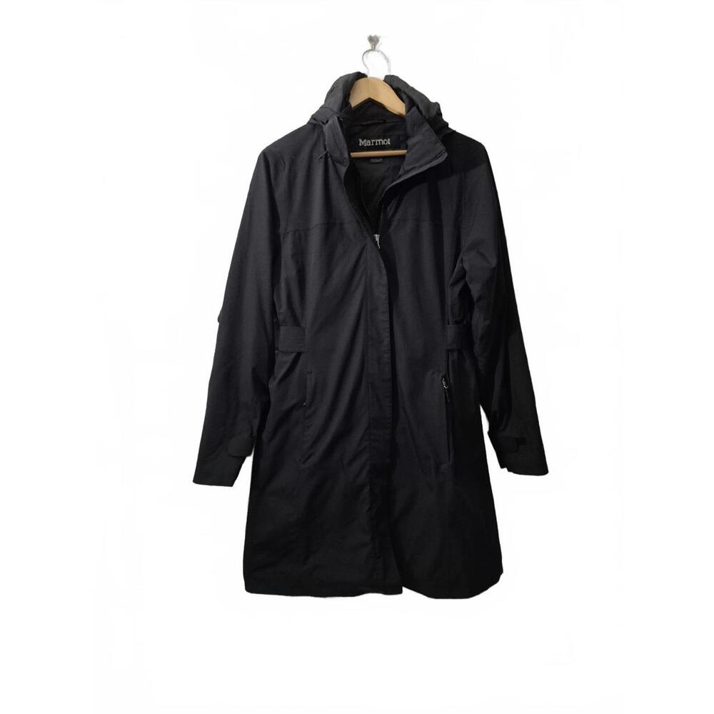 Marmot Ladies Black 3/4 Length Hooded Rain Jacket Windbreaker Overcoat